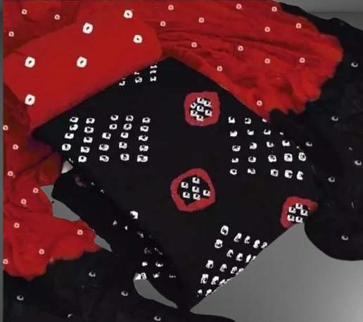 Black & Red Traditional Bandhani Dress Material with Dupatta - 1