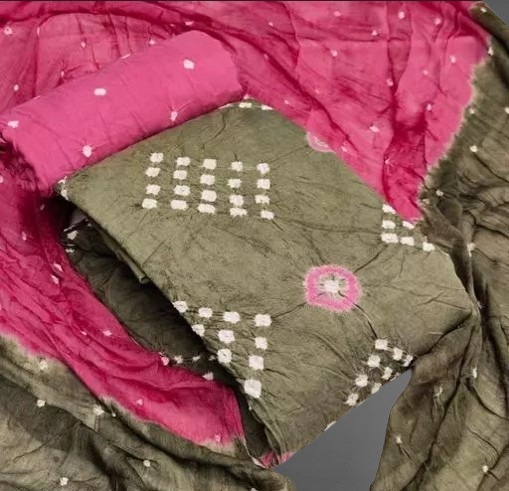 Olive Green & Pink Traditional Bandhani Dress Material with Dupatta - 1