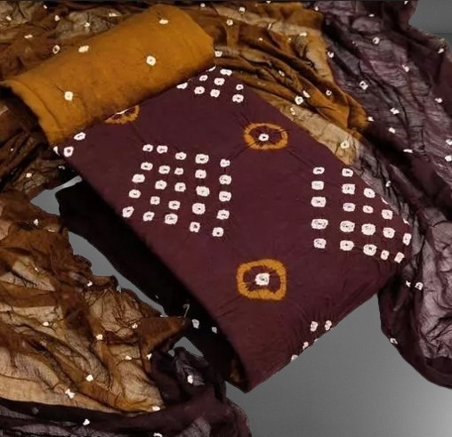 Brown & Mustard Traditional Bandhani Dress Material with Dupatta - 1