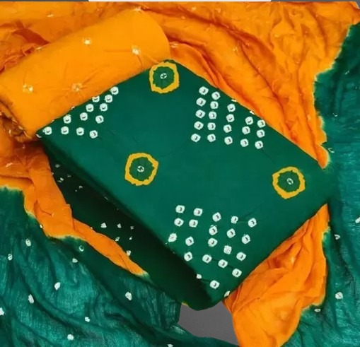 Green & Mustard Traditional Bandhani Dress Material with Dupatta - 1