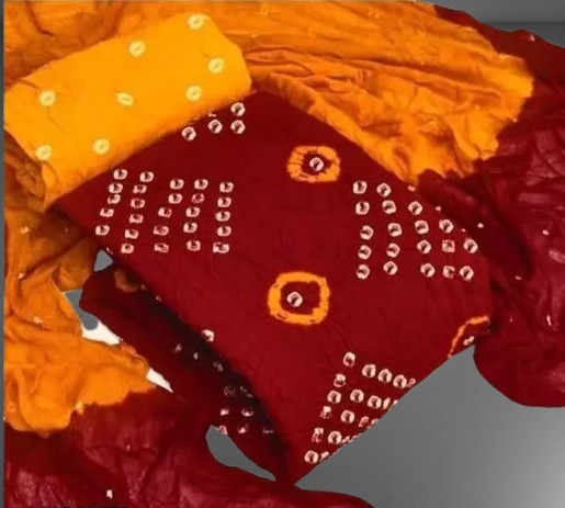 Red & Mustard Traditional Bandhani Dress Material with Dupatta - 1