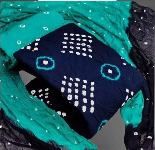 Navy Blue & Turquoise Traditional Bandhani Dress Material with Dupatta - 1