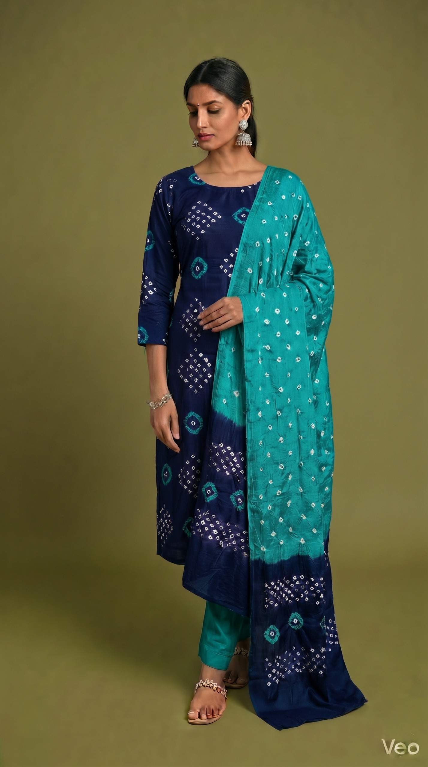 Navy Blue & Turquoise Traditional Bandhani Dress Material with Dupatta thumbnail 2