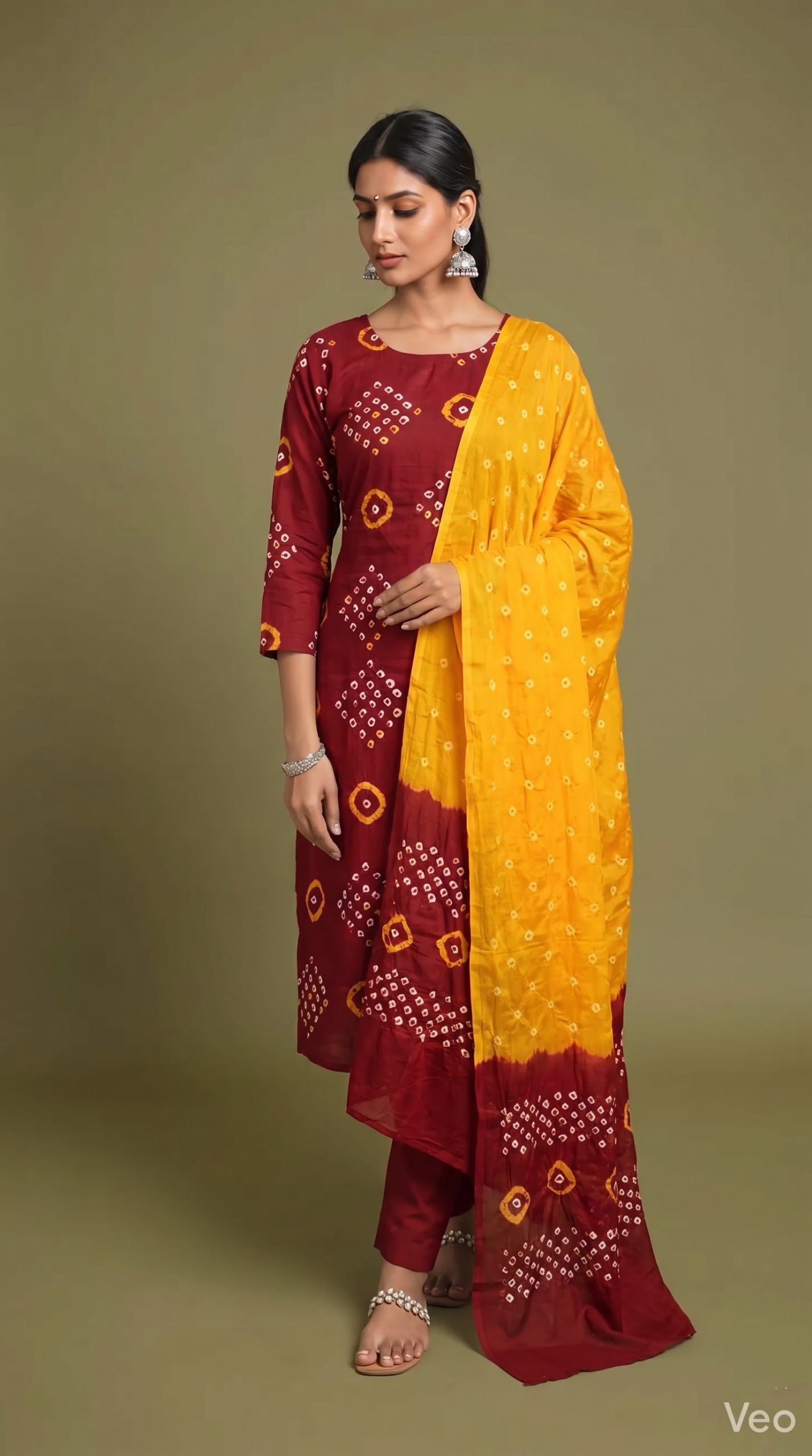 Red & Mustard Traditional Bandhani Dress Material with Dupatta thumbnail 2