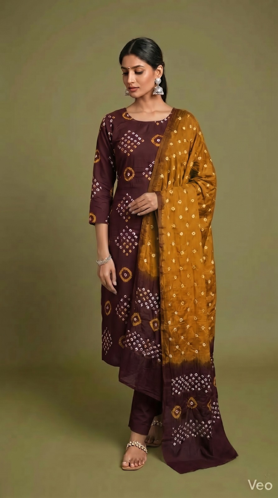 Brown & Mustard Traditional Bandhani Dress Material with Dupatta thumbnail 2
