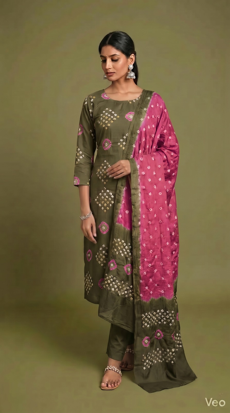 Olive Green & Pink Traditional Bandhani Dress Material with Dupatta thumbnail 2