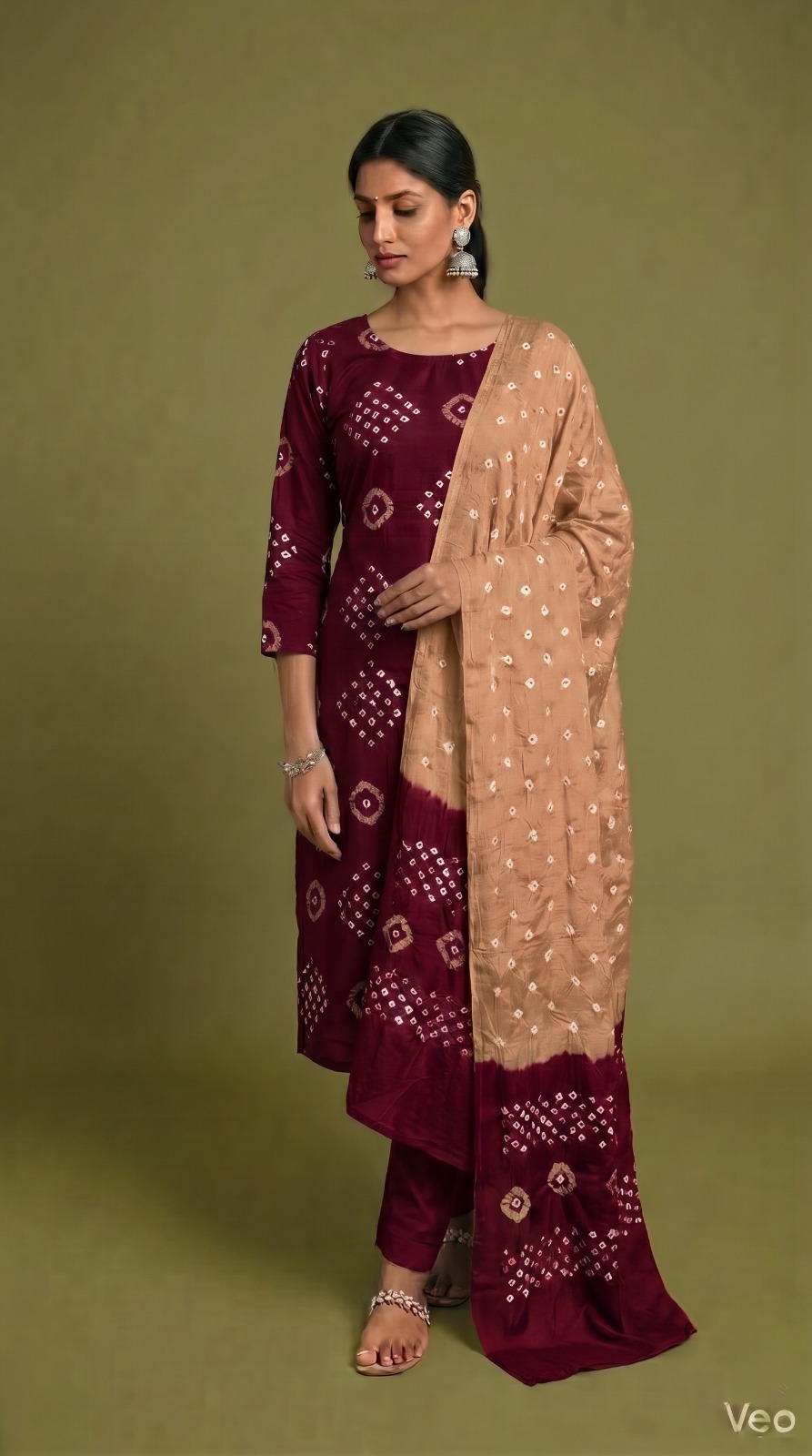 Wine & Beige Traditional Bandhani Dress Material with Dupatta thumbnail 2