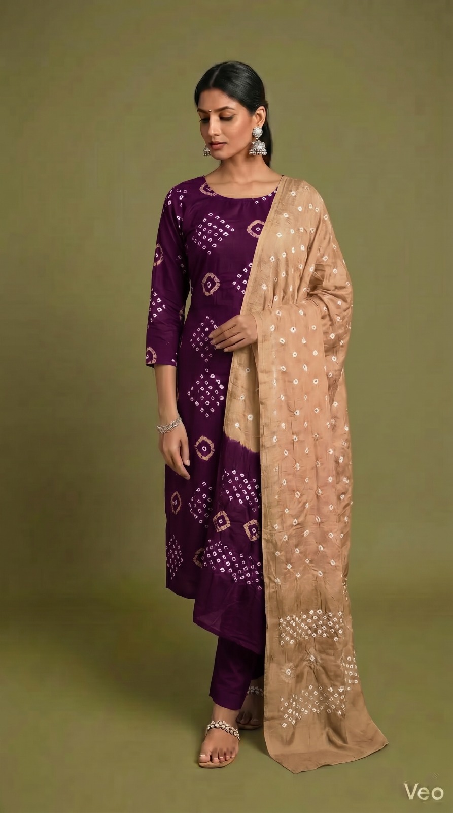Maroon & Beige Traditional Bandhani Dress Material with Dupatta thumbnail 2