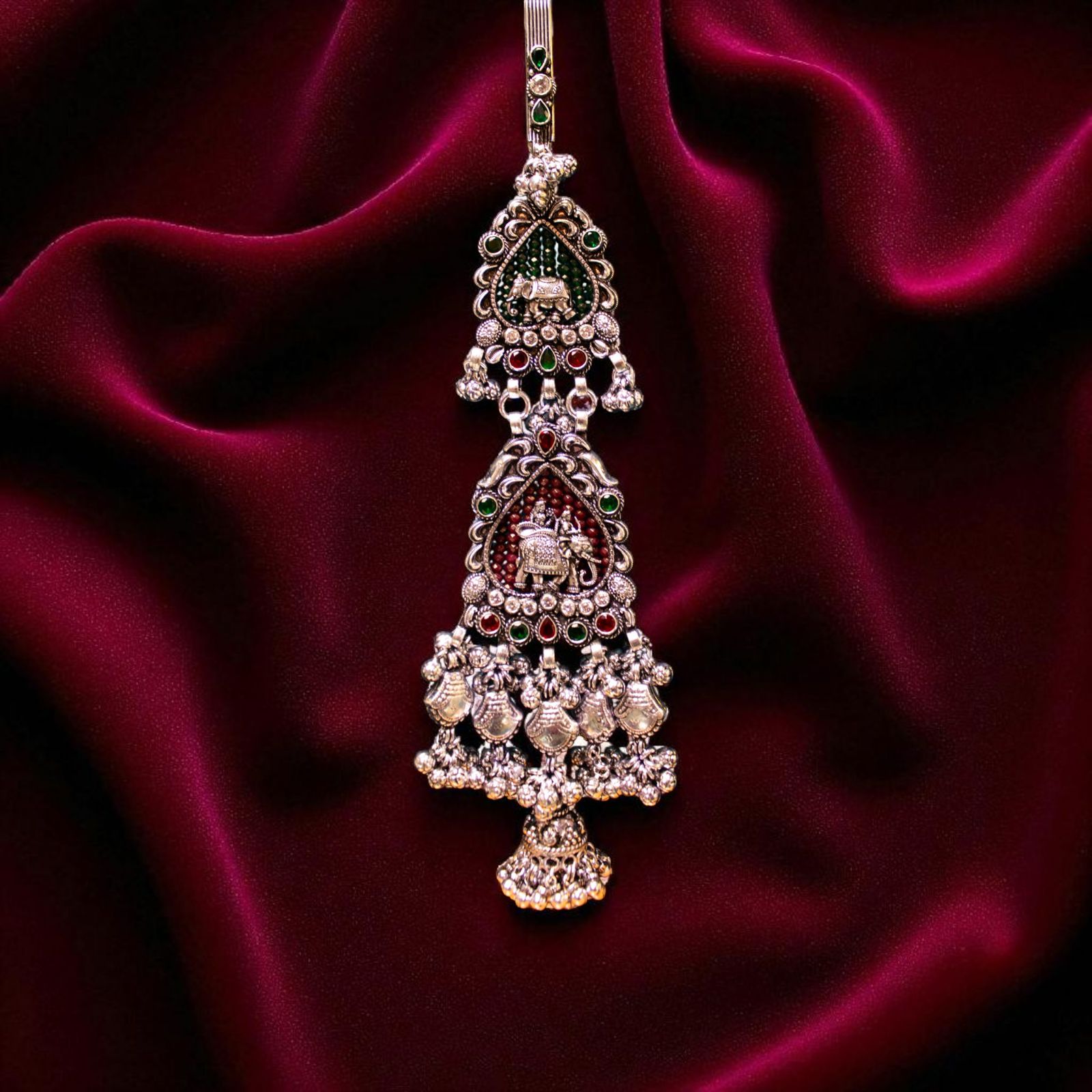 Traditional Silver Elephant Design Judo with Multicolor Stones - 1