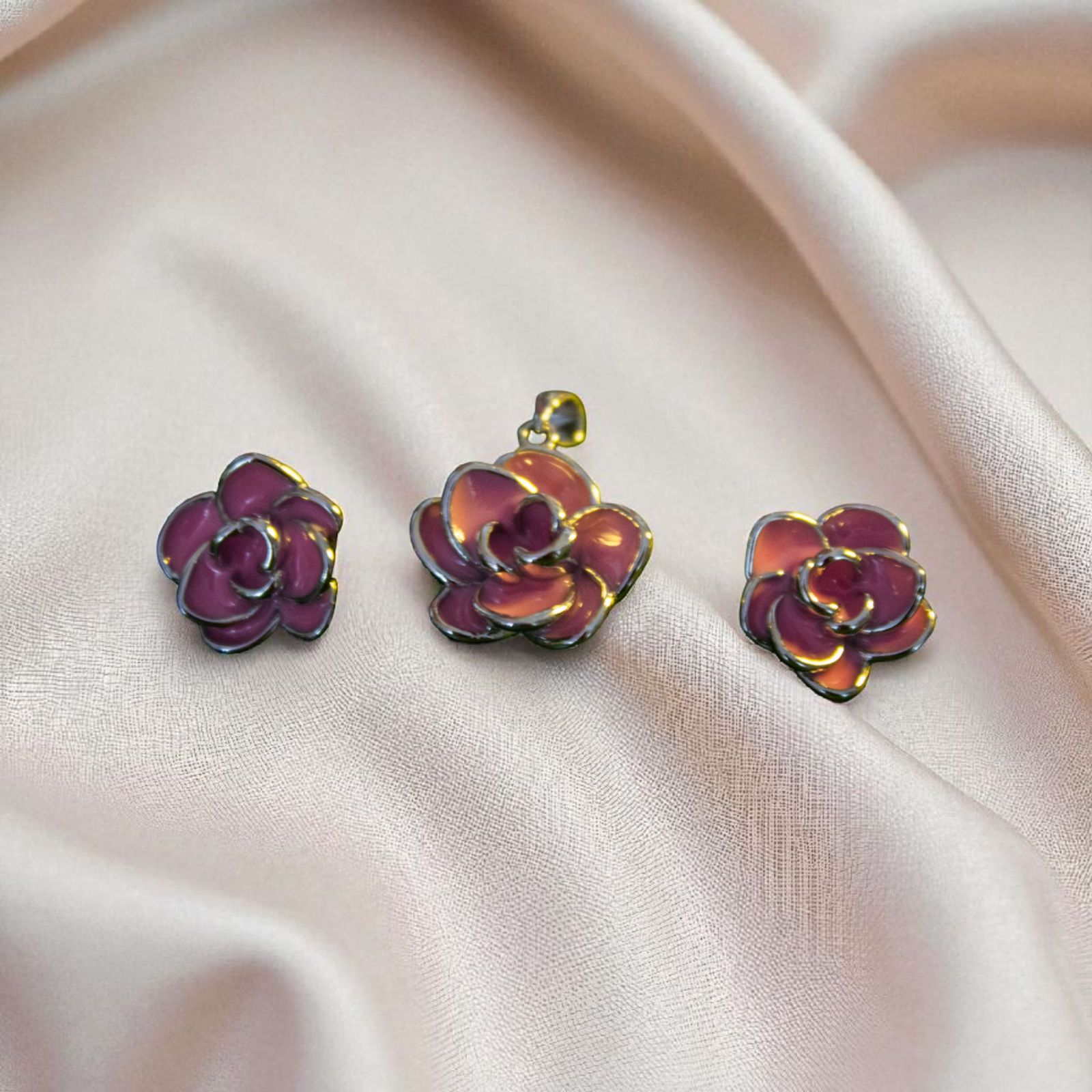 Elegant Silver Floral Jewelry Set with Pink Enamel Finish - 1