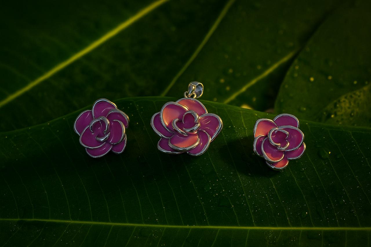 Elegant Silver Floral Jewelry Set with Pink Enamel Finish thumbnail 2