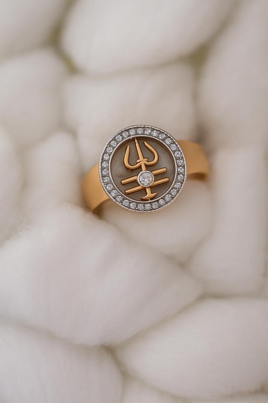 Gold Trishul Design Ring with Crystal Studded Border - 1