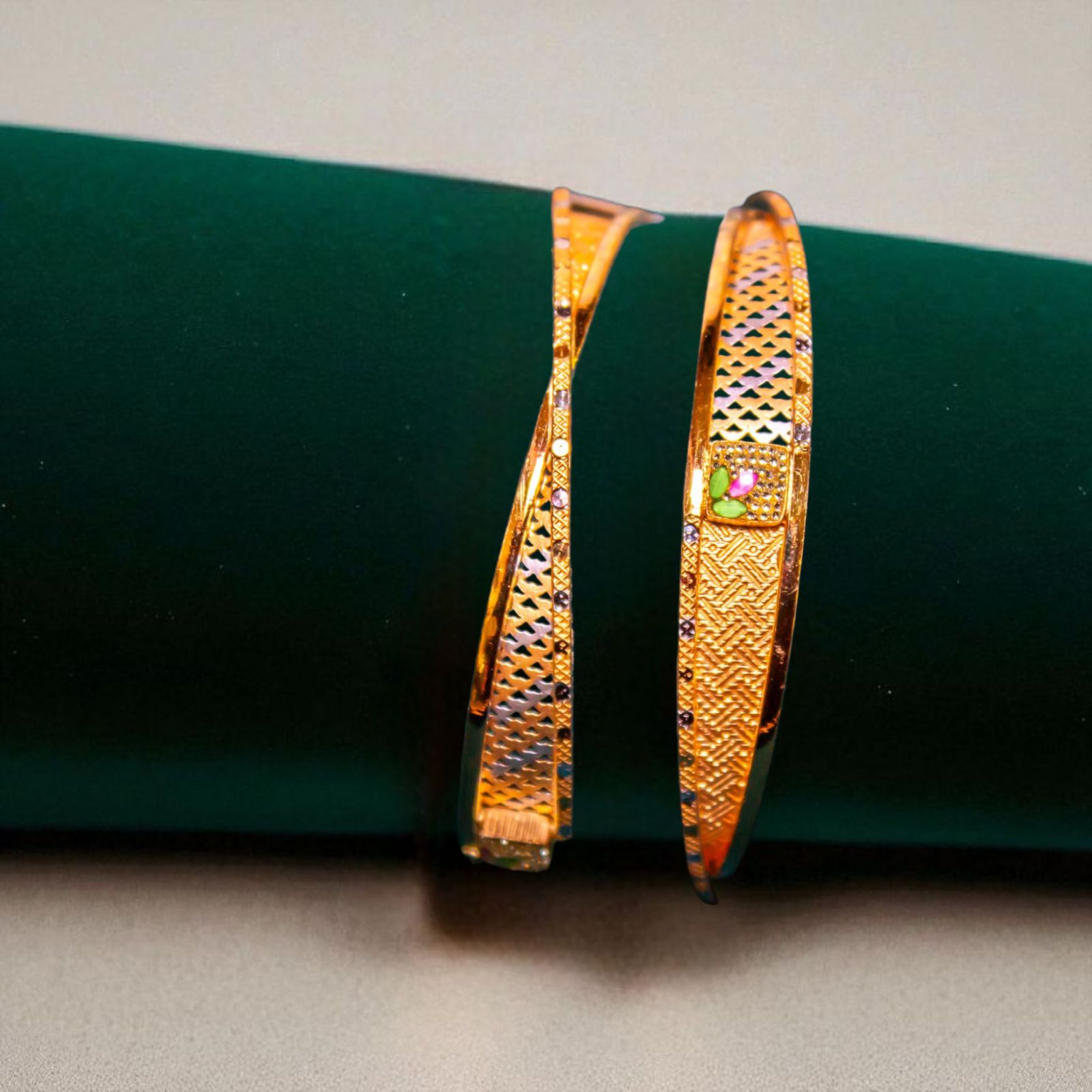 Traditional Gold Bangles Set with Textured Design - 1