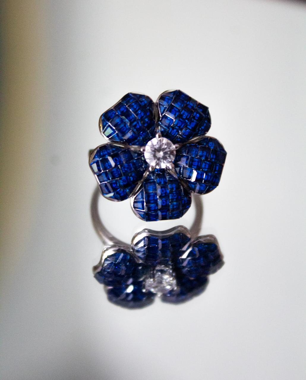 Silver Blue Floral Ring with Crystal Center - 1