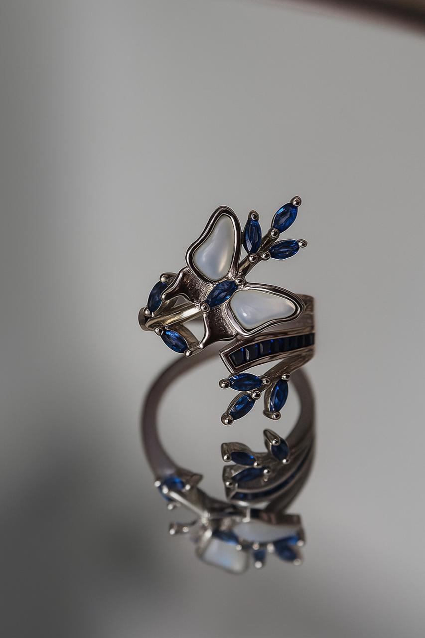 Silver Butterfly Design Ring with Blue Stones - 1