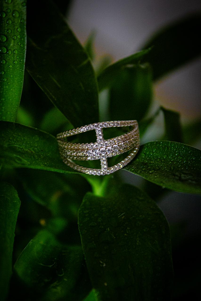 Silver Layered Ring with Crystal Studded Design - 1