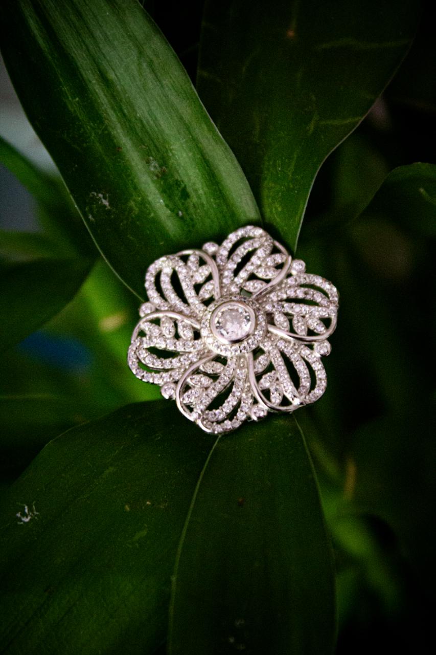 Silver Floral Statement Ring with Crystal Detailing - 1