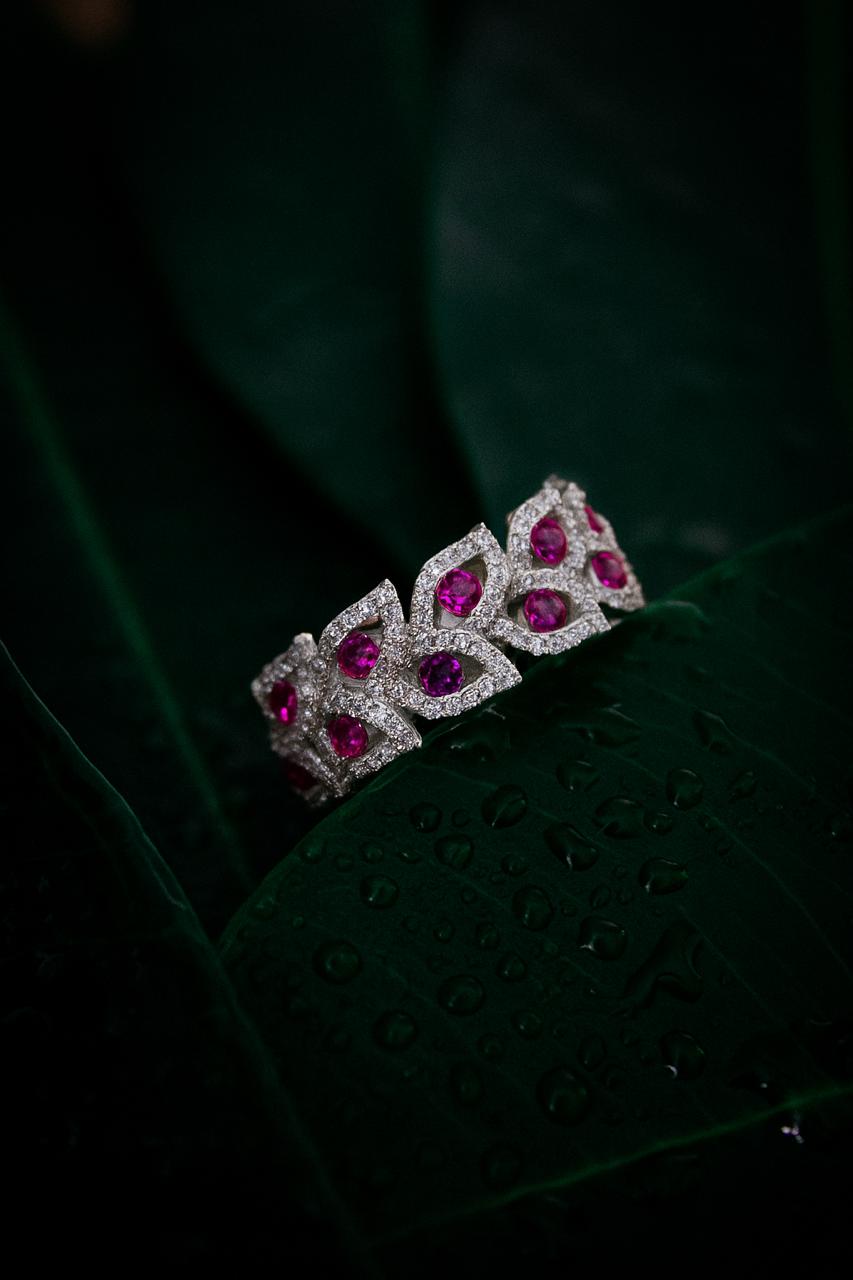 Silver Crown Design Ring with Ruby Stones - 1