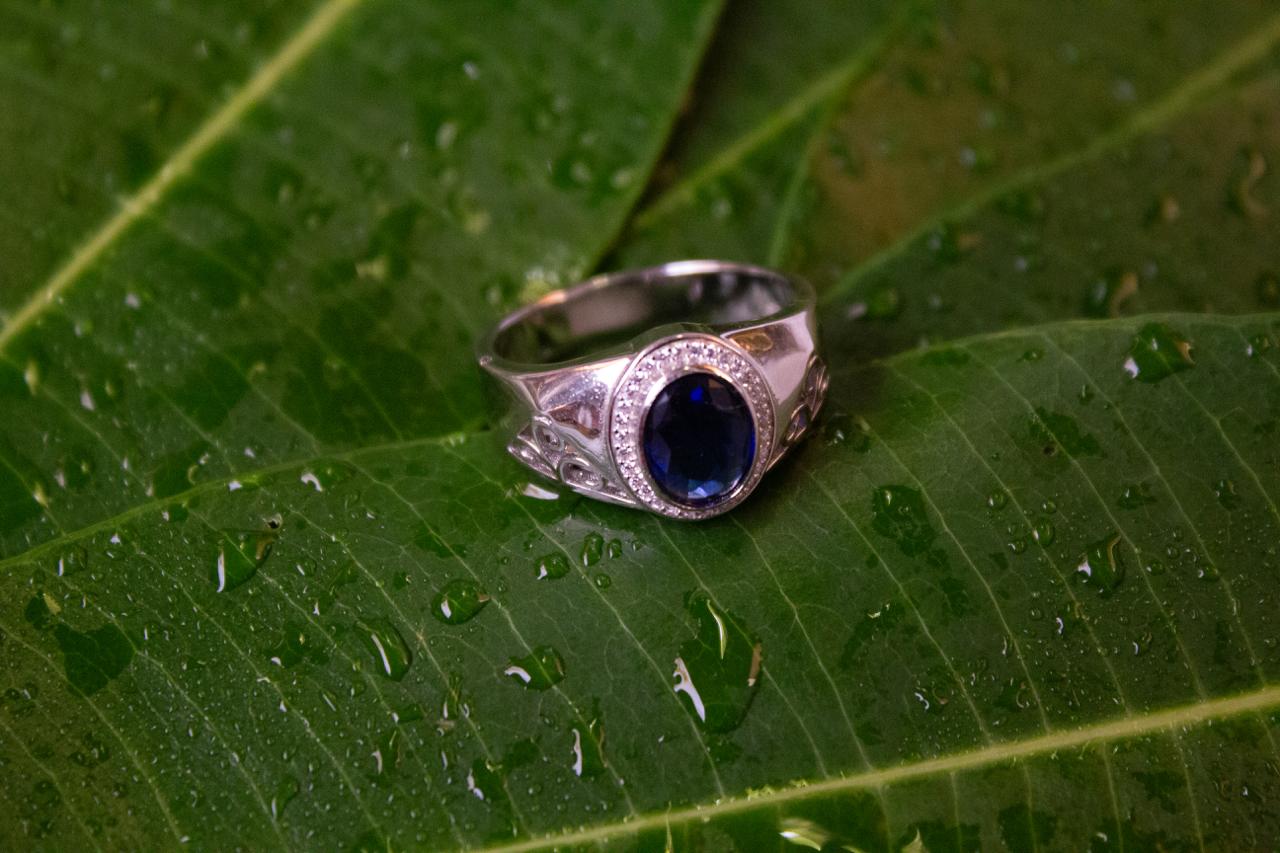 Classic Silver Ring with Blue Oval Stone and Crystal Border - 1